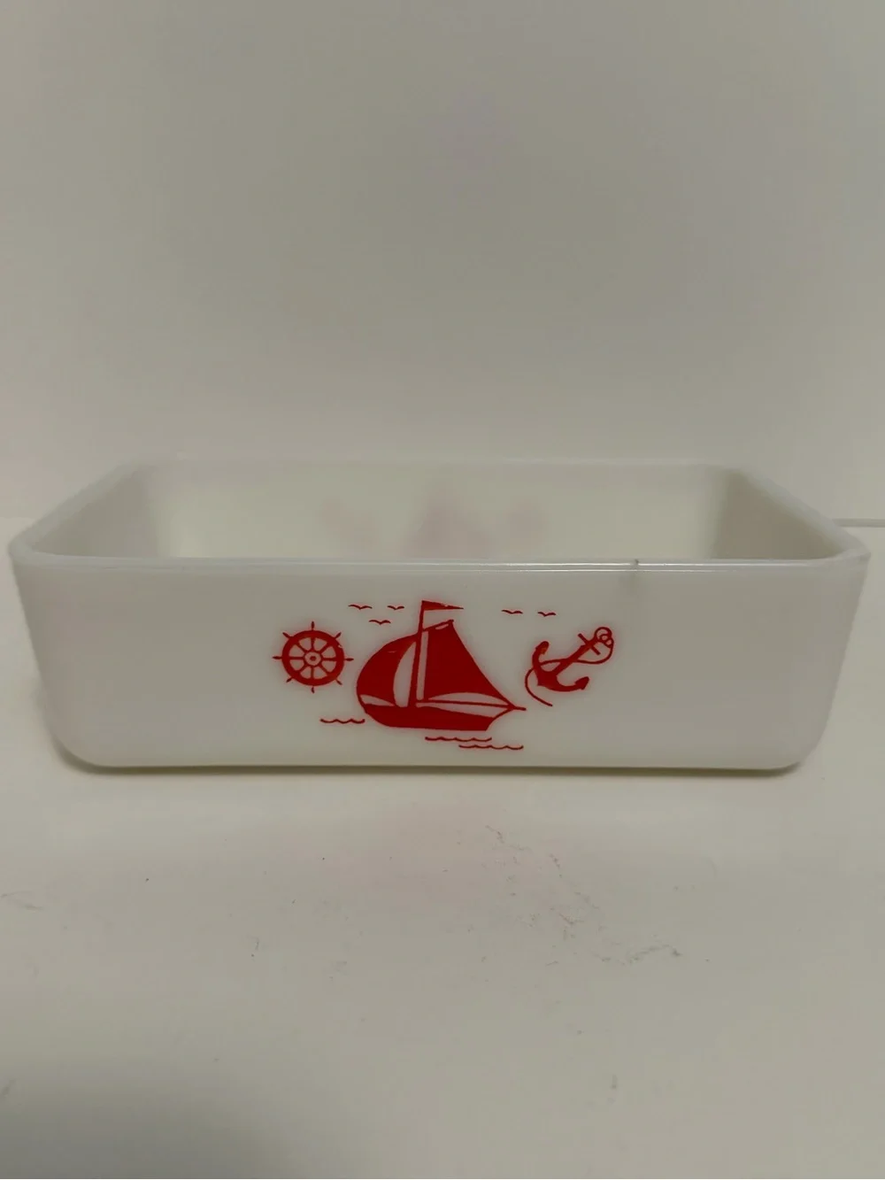 Vintage McKee White Milkglass Refrigerator Dish w/ Red Sailboat